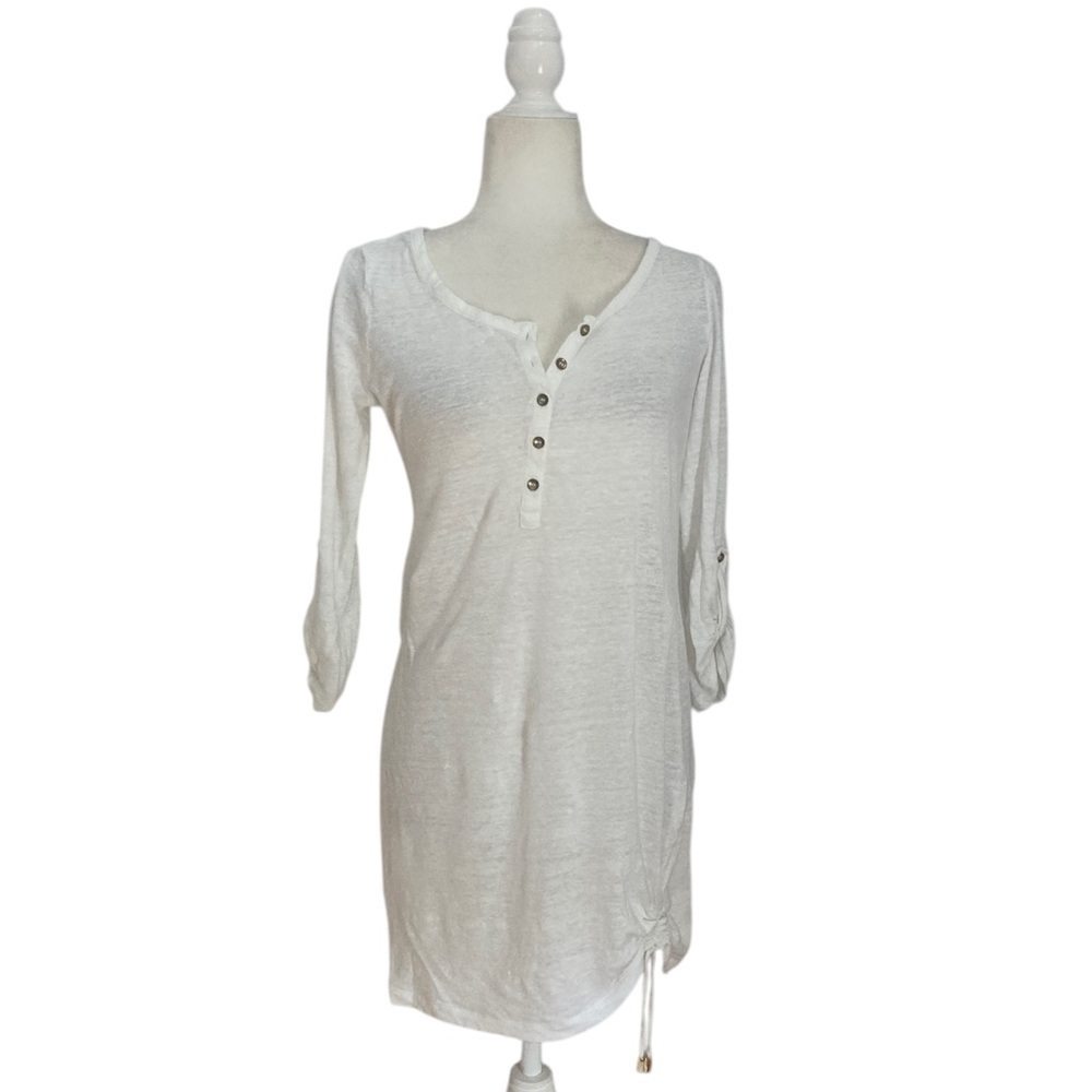 Heidi Klein Linen Longline Henley Top White Tab Sleeves side ruched NWOT